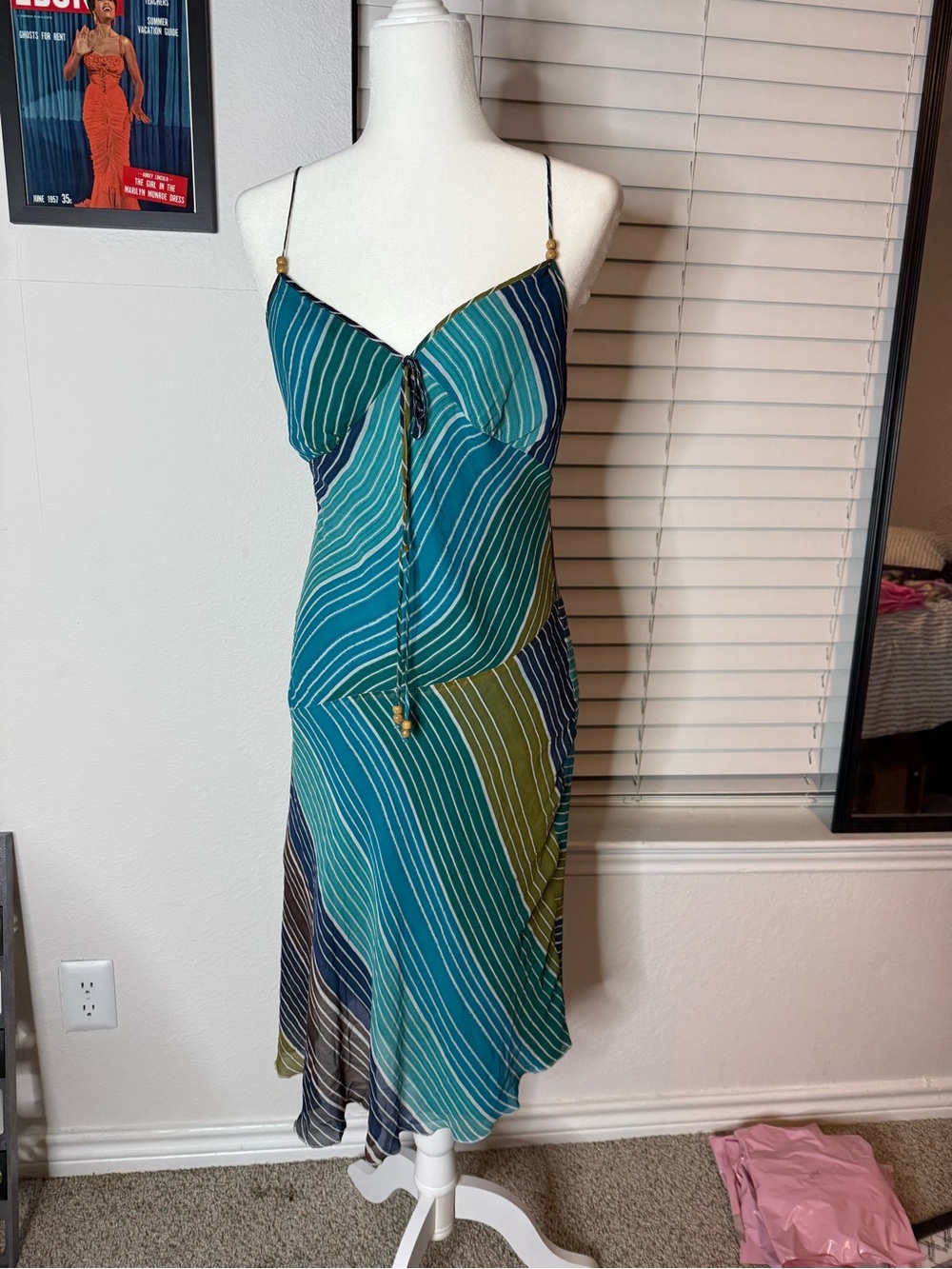 Vintage Guess Y2K striped Teal blue Slip Dress with Spaghetti Straps